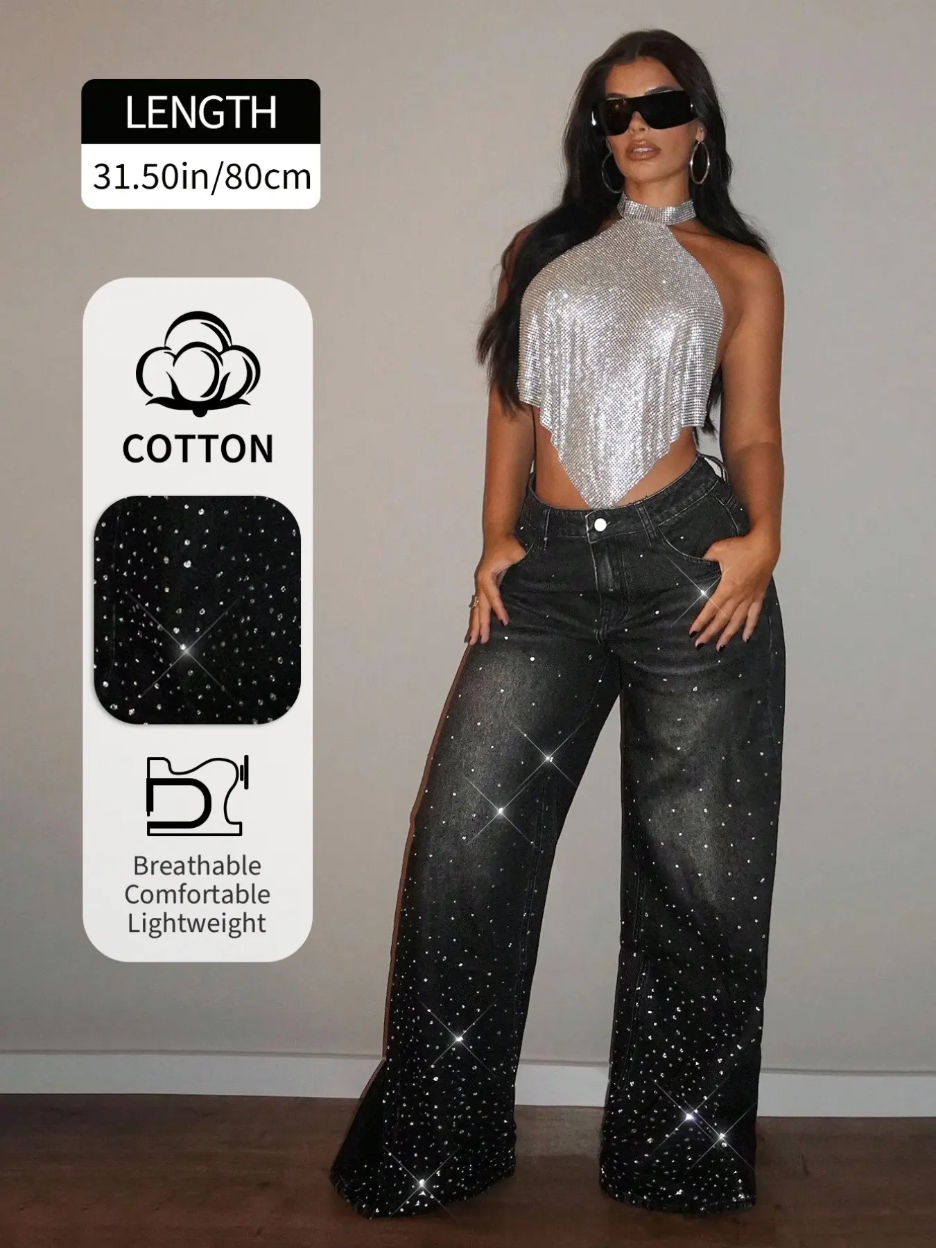 Women's Loose Straight Leg High Waist Jeans, Rhinestone Design, Breathable, Casual Fashion, Fall & Winter, Plain Pattern