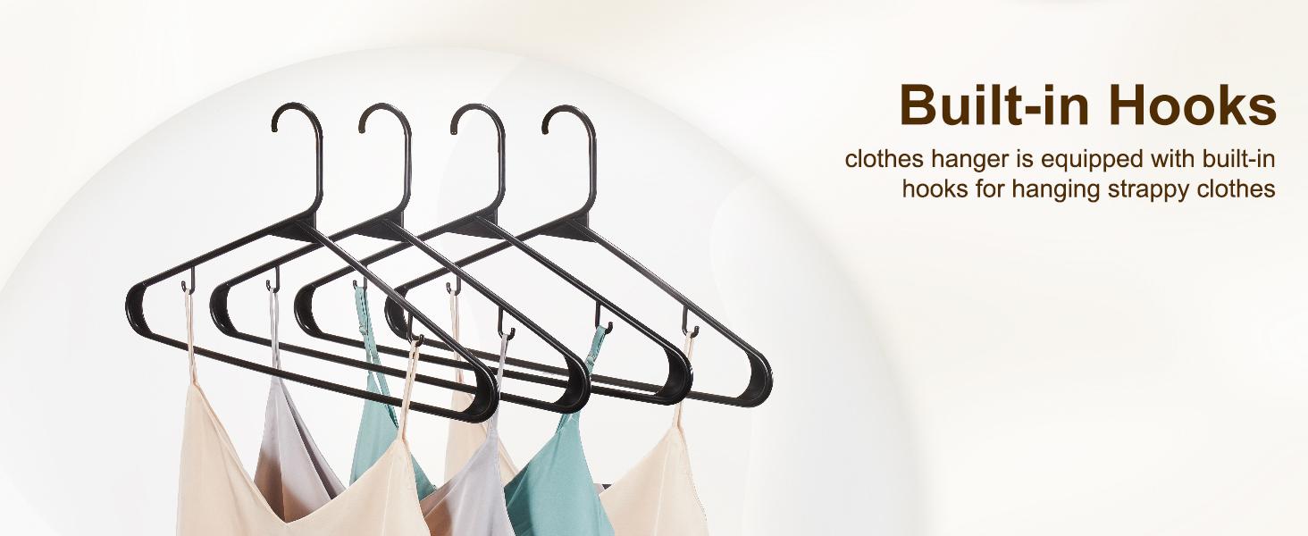 Black Plastic Hangers 50 Pack, Plastic Clothes Hangers with Built-in Hooks, Durable and Strong Plastic Coat Hangers for Closet, Space Saving Clothing Hanger for Shirts, Coats, Skirt, Dress