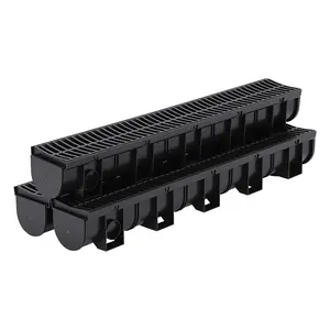 Trench Drain System with Plastic Grate Low Profile HDPE Channel Drainage for Driveway Garage Patio Garden 39 Inch Black Modular 3 Piece Kit