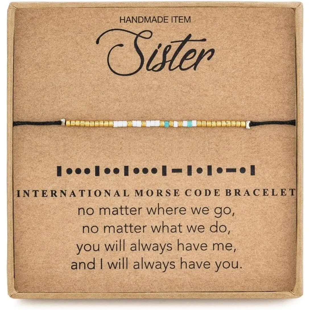 Sister Morse Code Beaded Bracelet, 6.69in+1.77in Extender, Golden Blue White Pony Seed Beads, Black String, Inspirational Family Birthday Christmas Gift for Long Distance Friendship, 6.69 Inches, International Morse Code, Lovely Bag Packaging, Handmade Cr