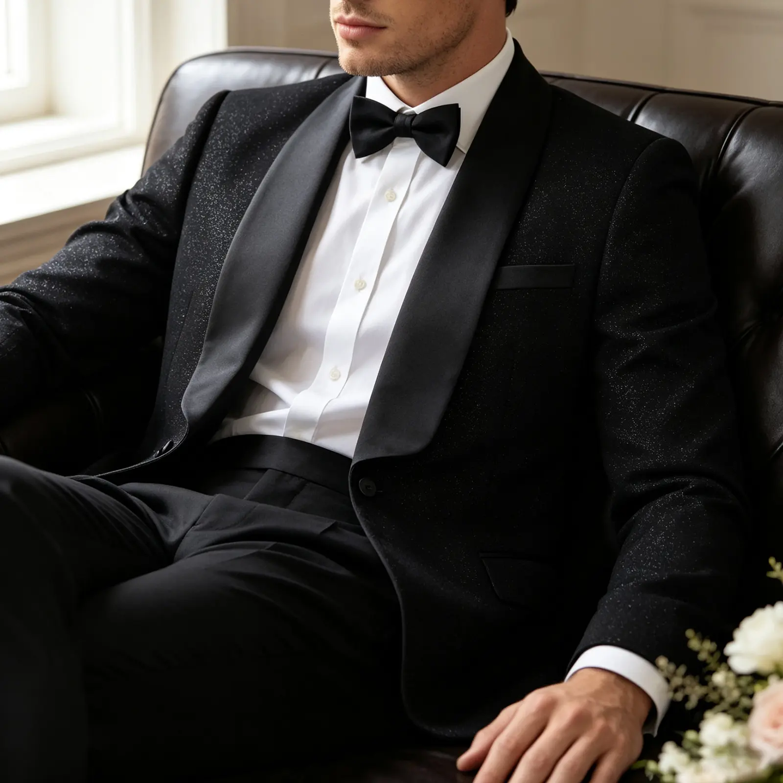 Men's Black Glitter Velvet Tuxedo Set - Slim Fit Single-Breasted Single-Button Dinner Jacket with Shawl Collar, Matching Bow Tie, All Seasons, Dry Clean for Wedding, Prom, Party Events, Velvet Fabric, Formal Party
