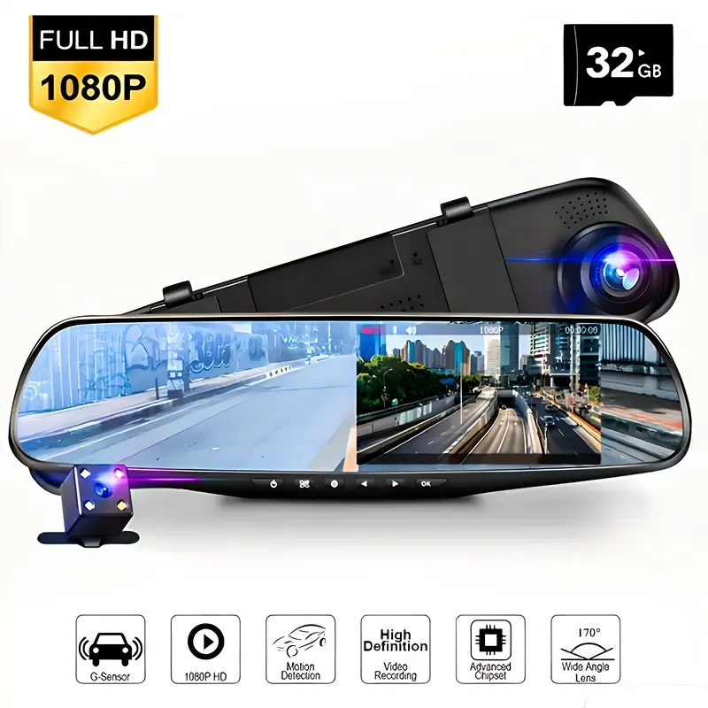 4.3-inch High-definition Large Screen, 1080P Front Camera And 1080P Rear Camera, Wide-angle Night Vision, Easy Installation, Rearview Mirror, High-definition Driving Recorder, Suitable for All Models, Equipped with 32GB Storage Card, Full Touch