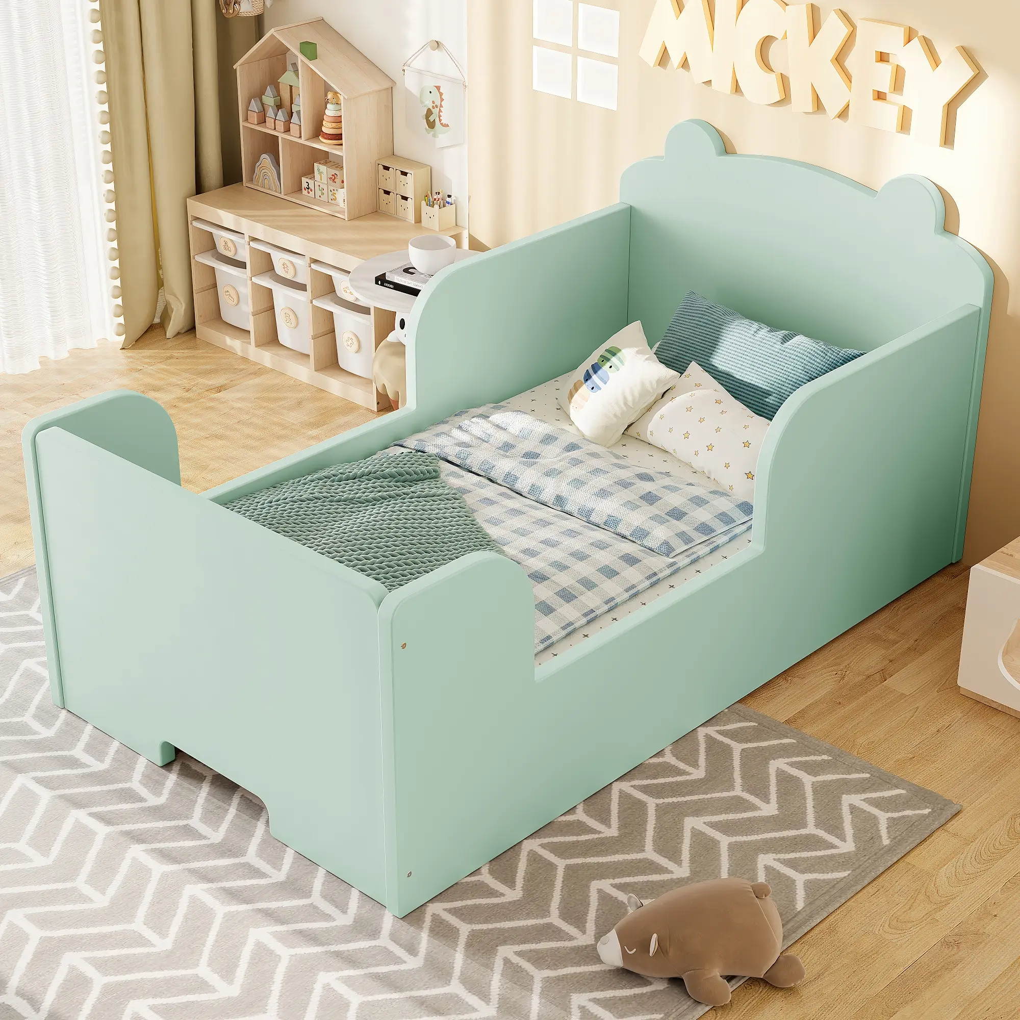 ARCH Toddler Floor Bed Frame Bear Shape Kids Cot Bed for Boys Girls Ages 3-6 Green Montessori Low to Ground Children's Bedroom Furniture Single Sleeper, Bedroom Furniture for Bedroom, Guest Room, Kids Room, Teen Room, Dorm and Apartment