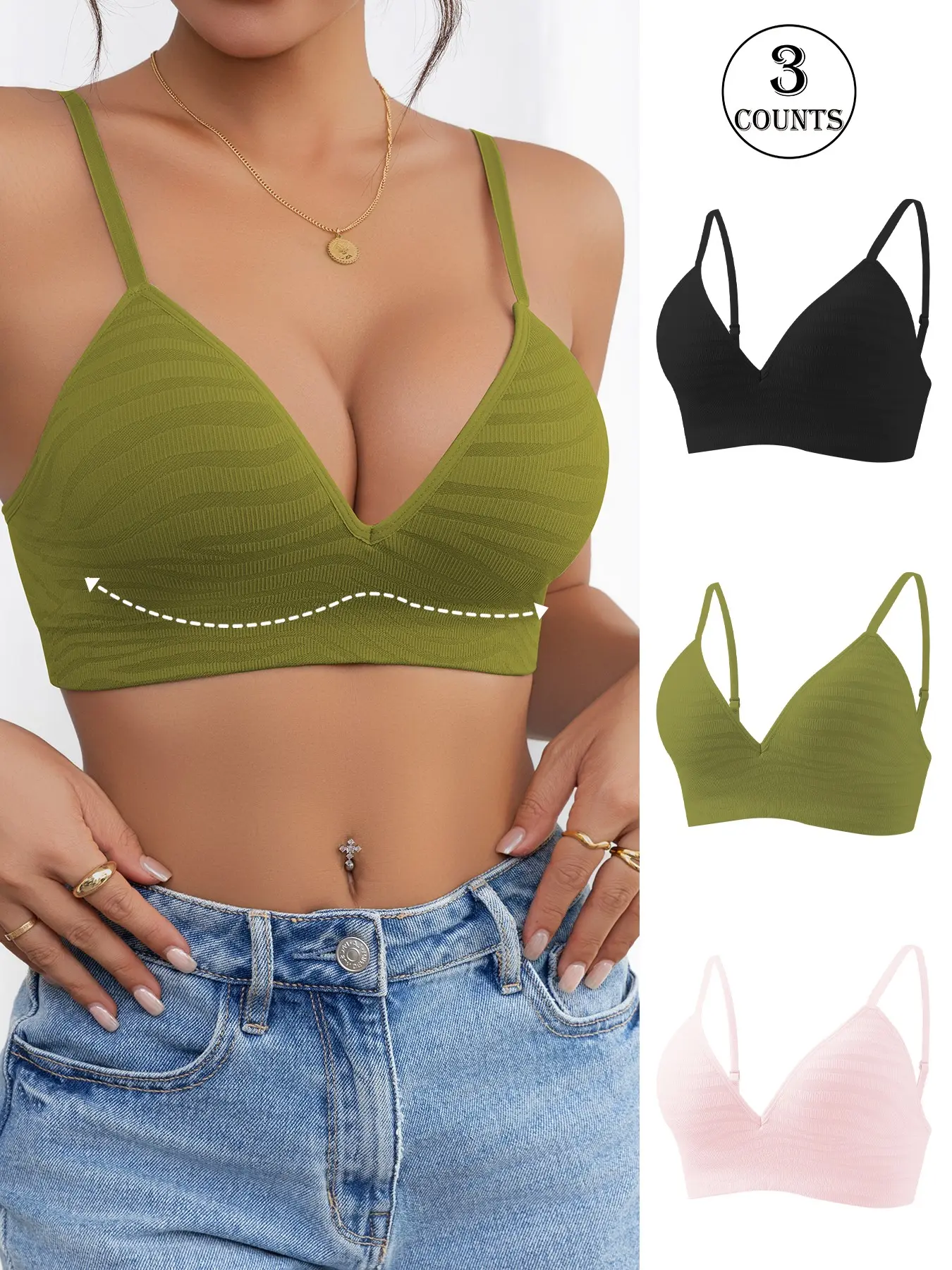 3 Pack Women's Pattern Bra, Padded Underwire Bra with Adjustable Straps, Back Hook Closure Design, Soft Fabric Comfortable Underwear