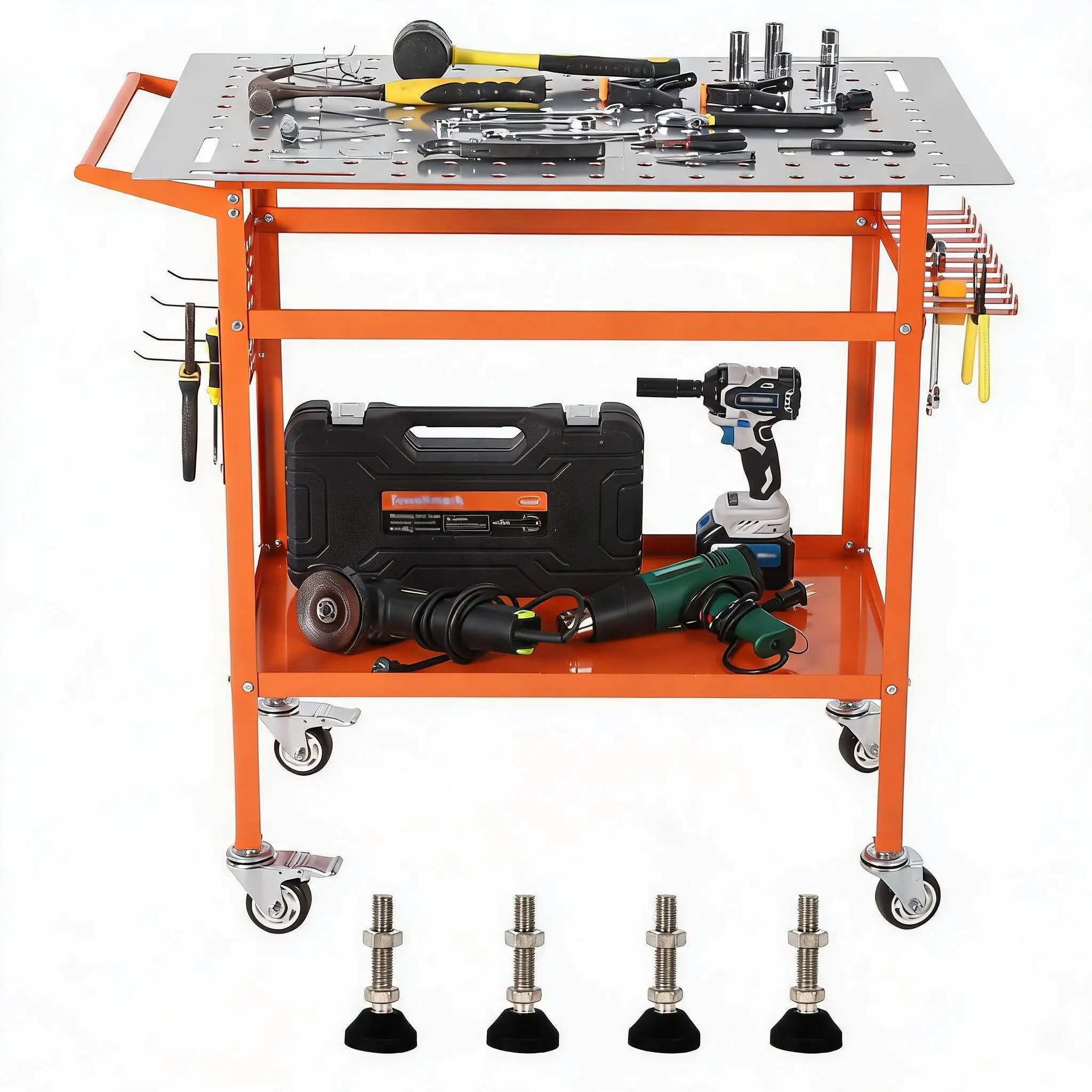 Hosslly Heavy Duty Industrial Carbon Steel Welding Table - 36x24in, 800lbs Capacity - 178 Clamp-Friendly Fixture Holes, 4 Tool Slots - Pegboard+Tray, Pegboard Hook System - Locking Casters - Metalwork Garage/Workshop Soldering Equipment