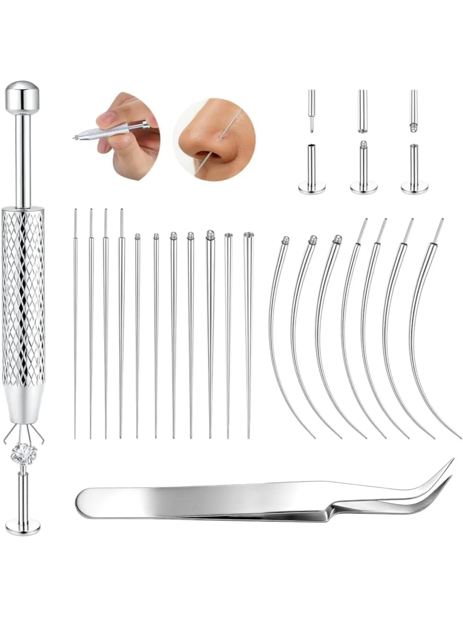 20Pcs Piercing Taper Ball Grabber Tool Kit, Stainless Steel Flat Back Earring Applicator, Threadless Insertion Pin Piercing Tool for Ear Nose Lip Belly, 14G 16G 18G 20G