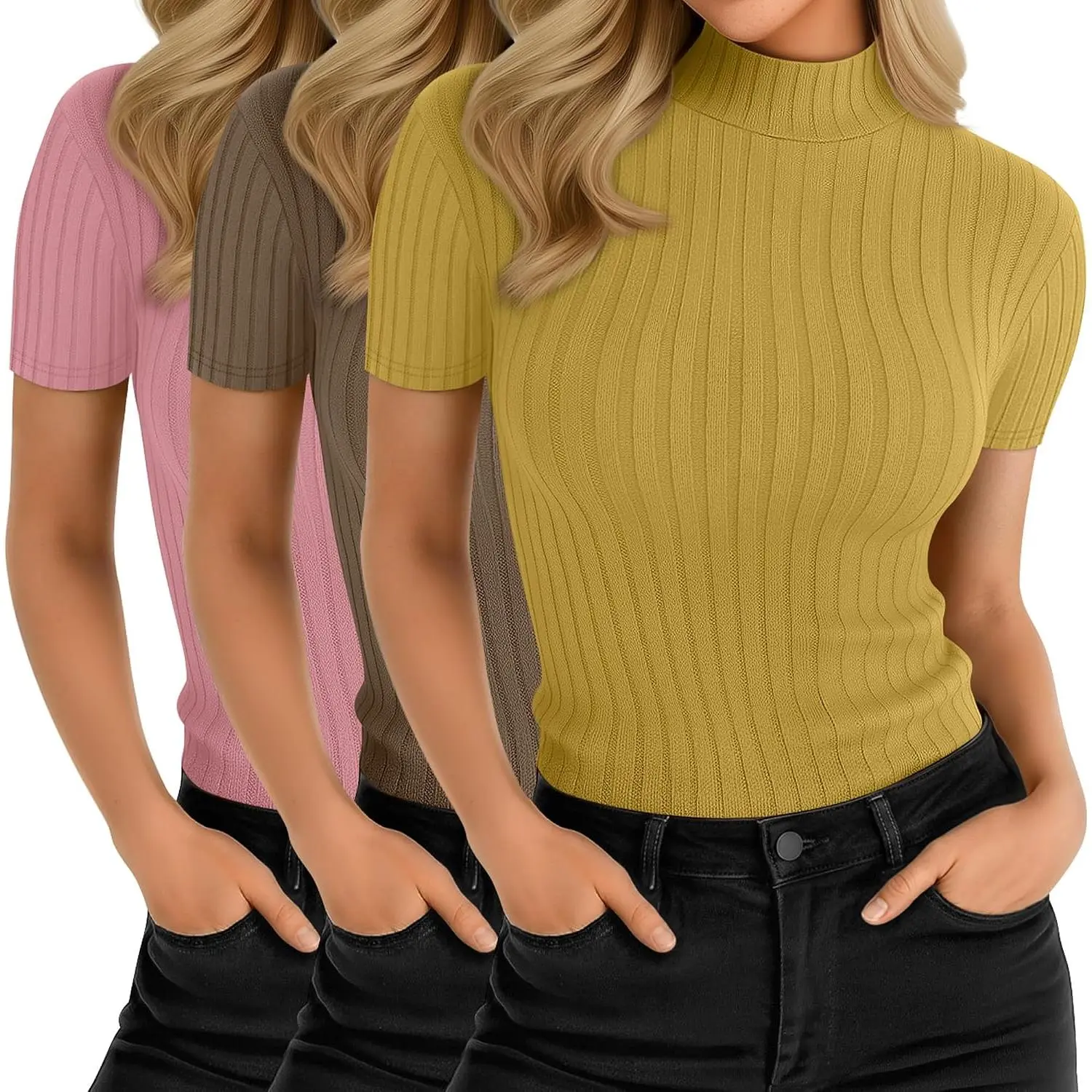 Pack Women Mock Turtleneck Shirts Short Sleeve Ribbed Lightweight Basic Layering Cotton Tops Slim Fit Tunic Tees