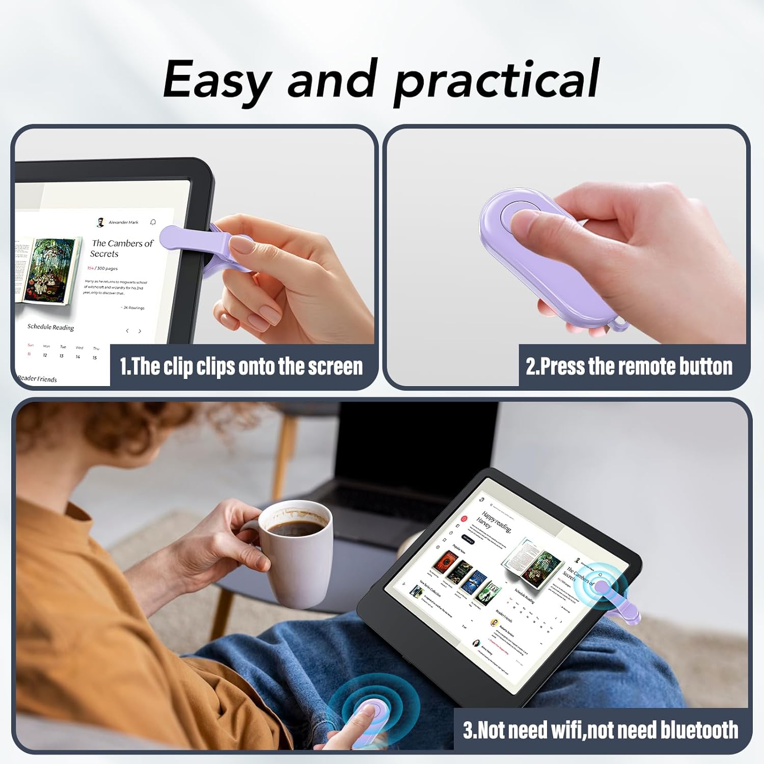 Remote Control Page Turner for Kindle Paperwhite Oasis Kobo eReaders,Kindle Clicker Page Turner Accessories for iPhone,iPad, Android Tablets Reading Novels,Camera Video Record&Shutter Selfie (Purple)