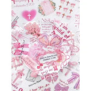 50pcs Pink Bow Sticker Bible Phrases PET Transparent Decals For Water Bottle Laptop Luggage Computer Scrapbook Journal Phone Stickers