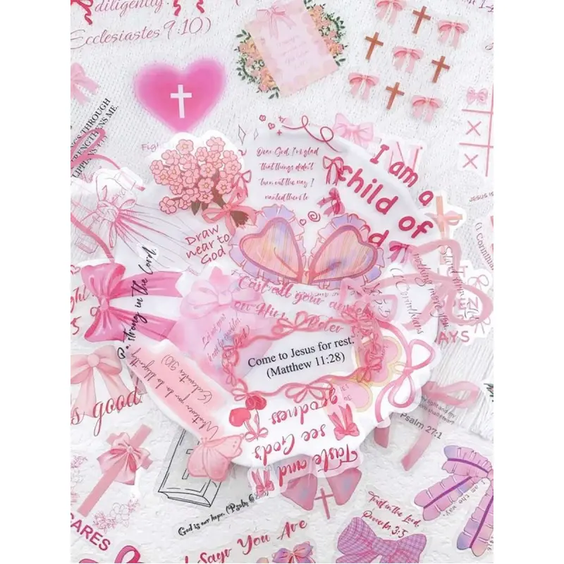 50pcs Pink Bow Sticker Bible Phrases PET Transparent Decals For Water Bottle Laptop Luggage Computer Scrapbook Journal Phone Stickers