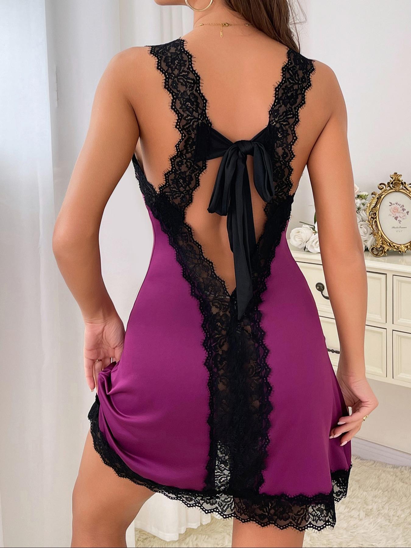 Women's Contrast Lace Cut Out Nightdress, Soft Comfortable Fitted Tie Back V Neck Nightgown for All Seasons, Fashion Ladies' Sleepwear Loungewear for Daily Wear