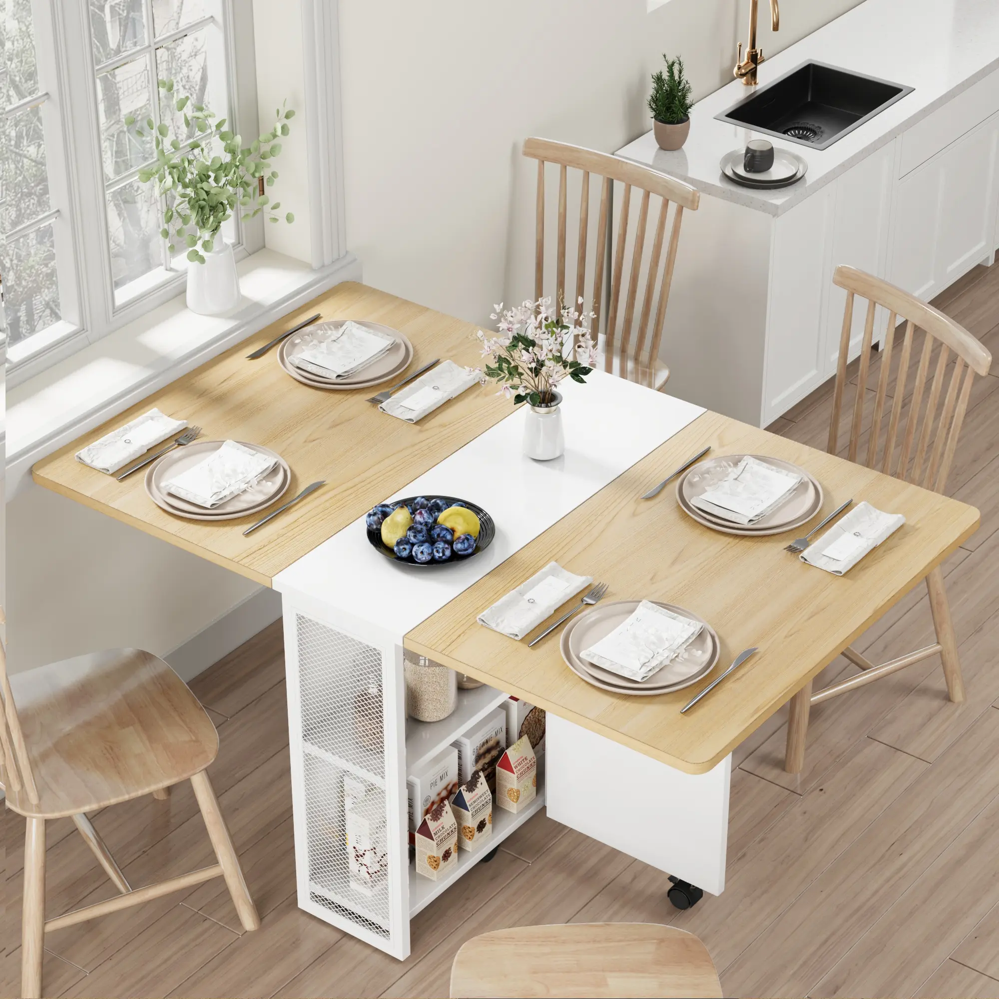 Drop Leaf Table, Folding Tables Dining 6 Wheels, Space Saving Table with 2-Layer Storage Shelf, Drop Leaf Dining Table for2-4, Expandable Kitchen Table for Small Spaces