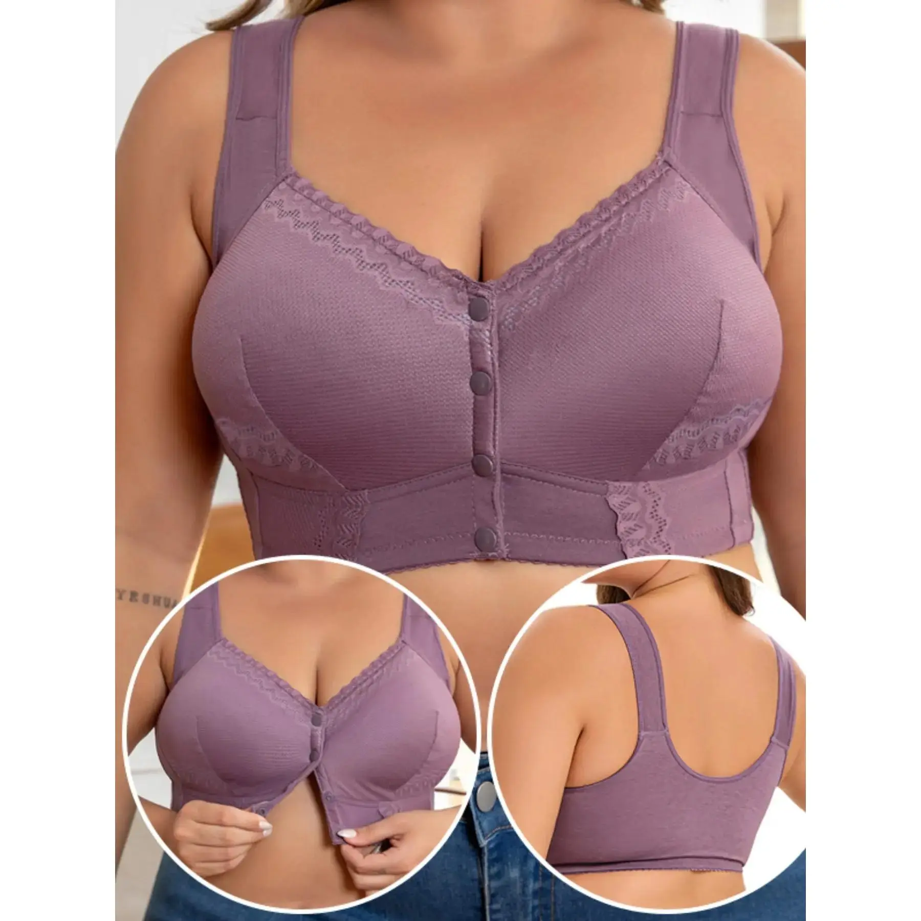 Plus Size Smoothing Racerback Bra - Front-Open Wireless Support Bra, Full Coverage Breathable Cotton Bralette (1XL-7XL)
