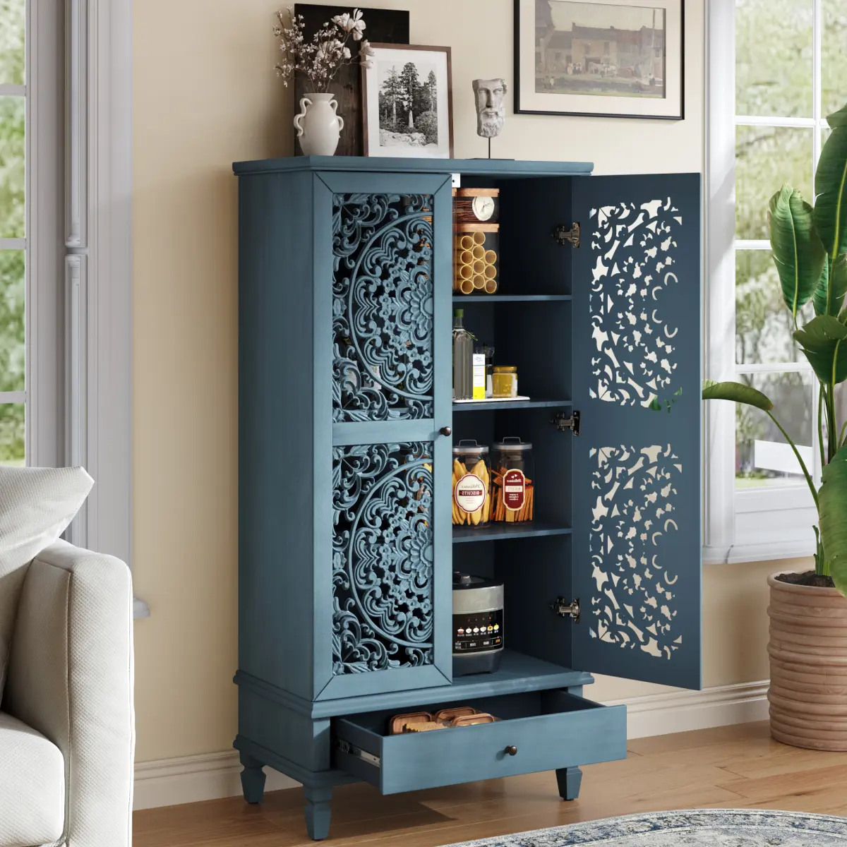 AobtkelRustic 55'' Tall Storage Cabinet with Drawer, Decorative 2-Door Carved Wood Accent Cabinet with Solid Wood Legs for Living Room, Hallway, Dining Room, Antique Blue