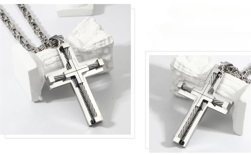 Fansilver Cross Necklace for Men Large Cross Chain Cross Pendant Byzantine Chain Necklace
