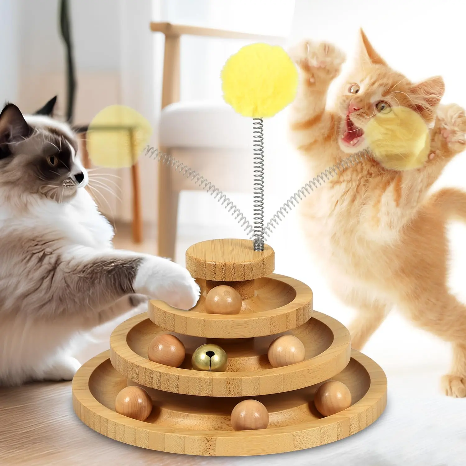 Cat Ball Track Toy,Kitty Toys Roller,3-Level Ball Tower with 9 Removable Balls,Interactive Cat Toy, DIY Circle Fun Toy for Kitten Mental Physical Exercise - Medium Size