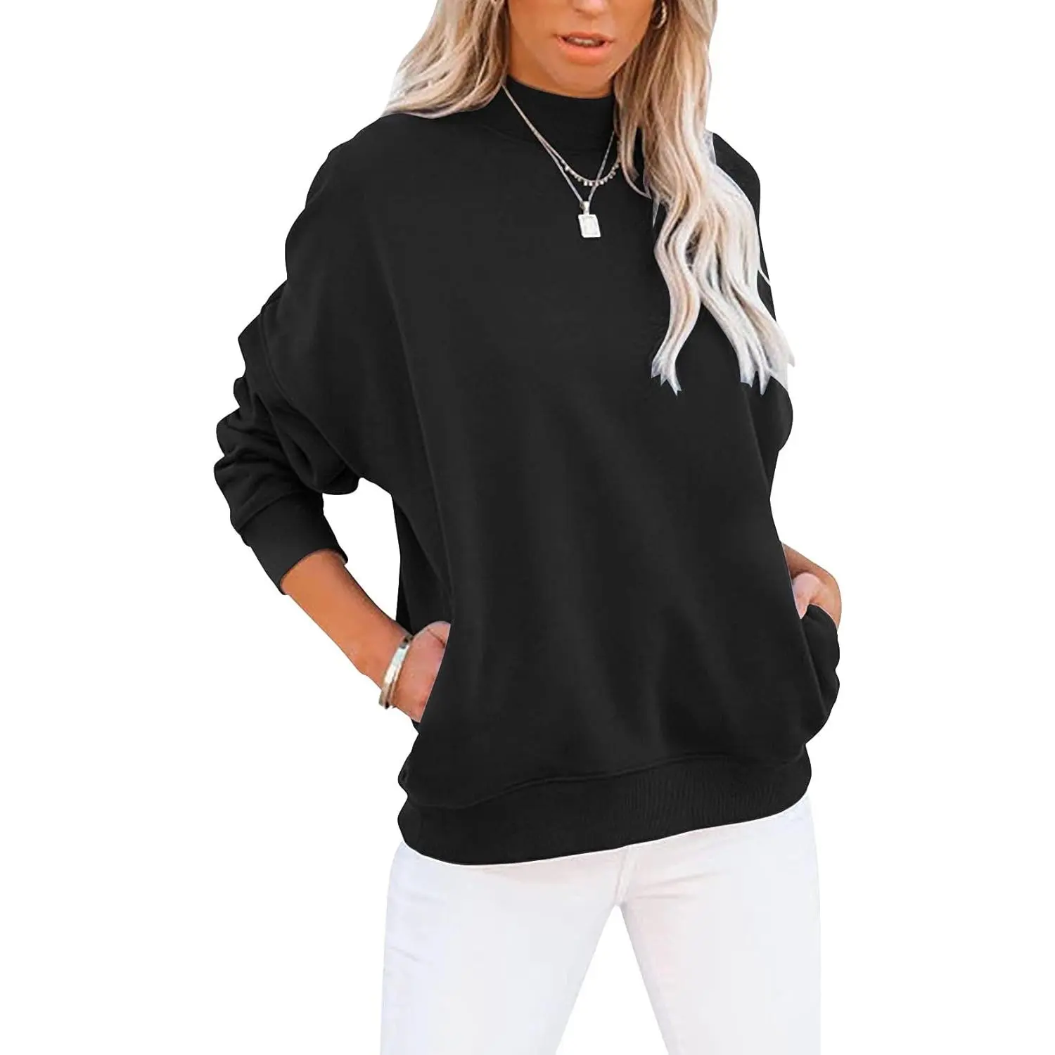 Women's Tunic Cut Sweatshirt, Loose Fit Longsleeve Pullover Top with Pockets for Female Casual Wear, Longsleeves, Outdoor Leisure