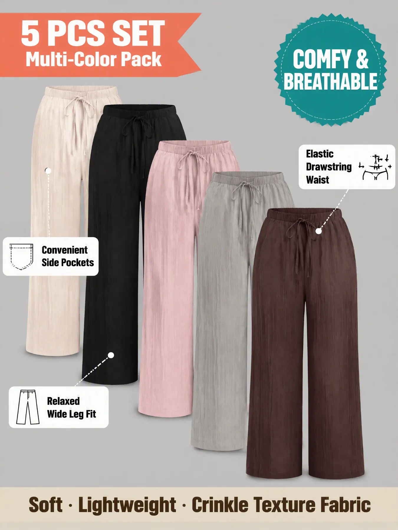 2026 Fall Clean Girl 5 Pack Multi Color High Waist Wide Leg Casual Pants for Women, Drawstring Cinched Slim Waist, Breathable Height Boost Office Trousers with Side Pockets, Viral Instagram Daily Bottoms in Skin Brightening Multi Shade