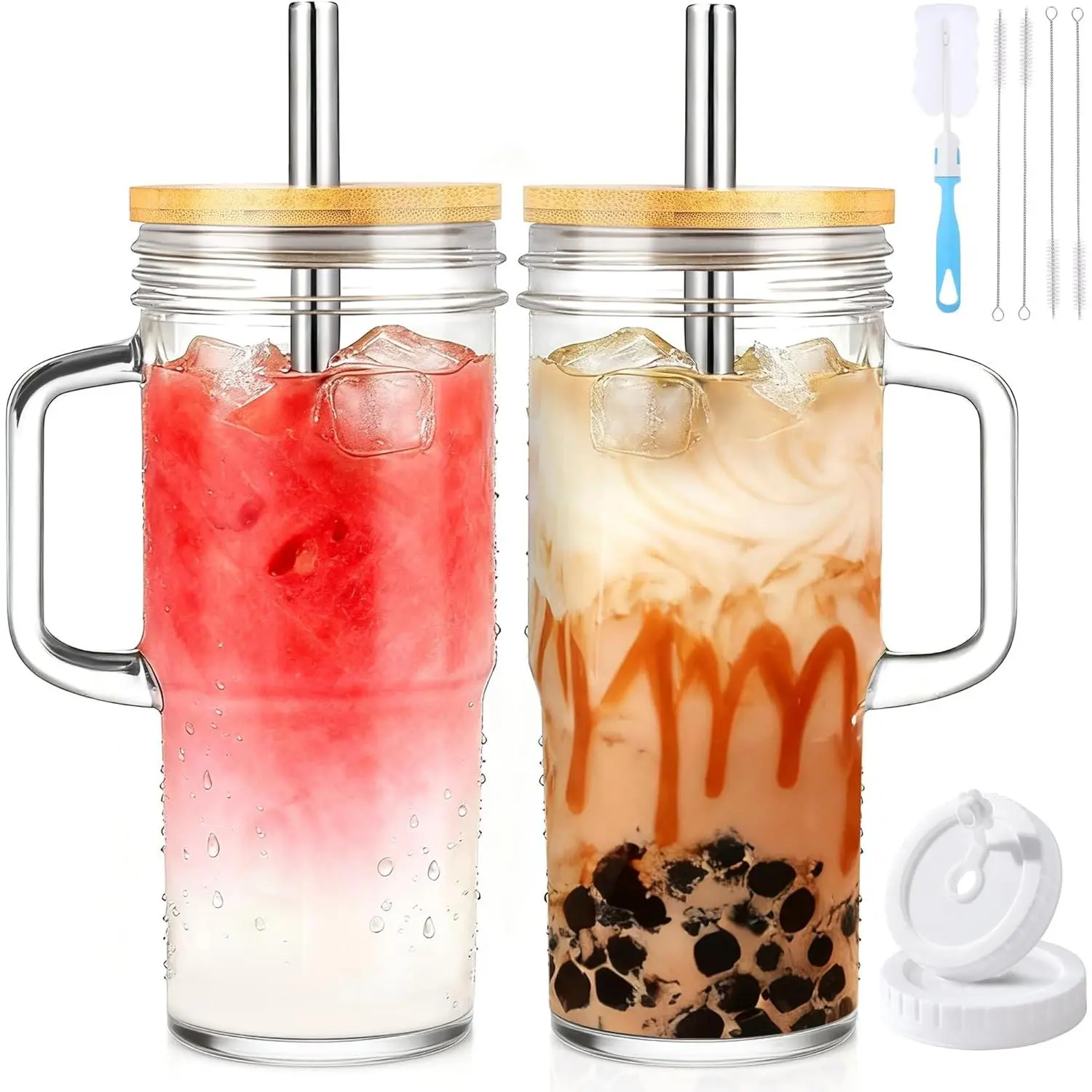 26oz Wide Mouth Glass Tumbler Set with Handle Grip - 2-Pack Reusable Drink Cups with Glass Body, Bamboo Lids, Straws for Iced Coffee, Smoothies (Sports & Outdoor Camping Picnicware), Includes Straws, On-The-Go, Two Packs