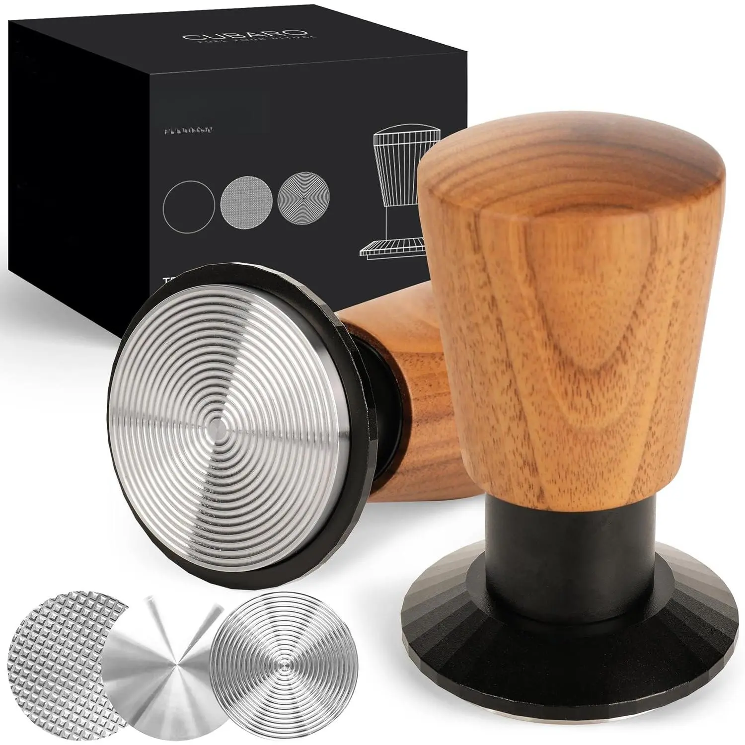Calibrated Espresso Tamper with 30lb Click Feedback | 3 Interchangeable Bases for Custom Tamping | Auto Leveling and  Walnut Handle | Fits 54mm -Compatible Portafilters
