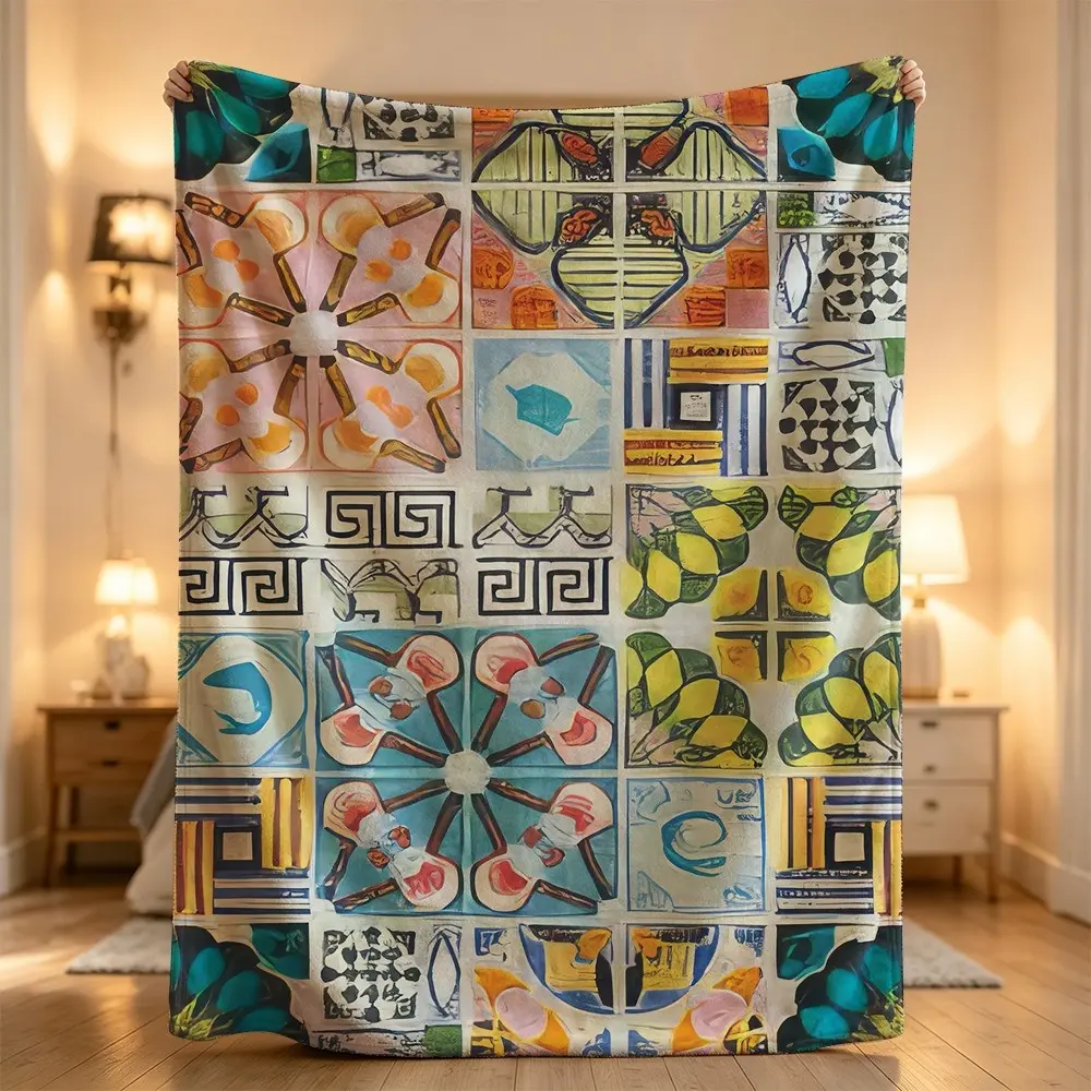 Colorful geometric floral artistic abstract mosaic pattern blanket Flannel blanket, sofa leisure blanket, bed blanket, Plush Throw Blanket,Cozy Soft Lightweight Blanket,Boho Decorative Throw Blanket