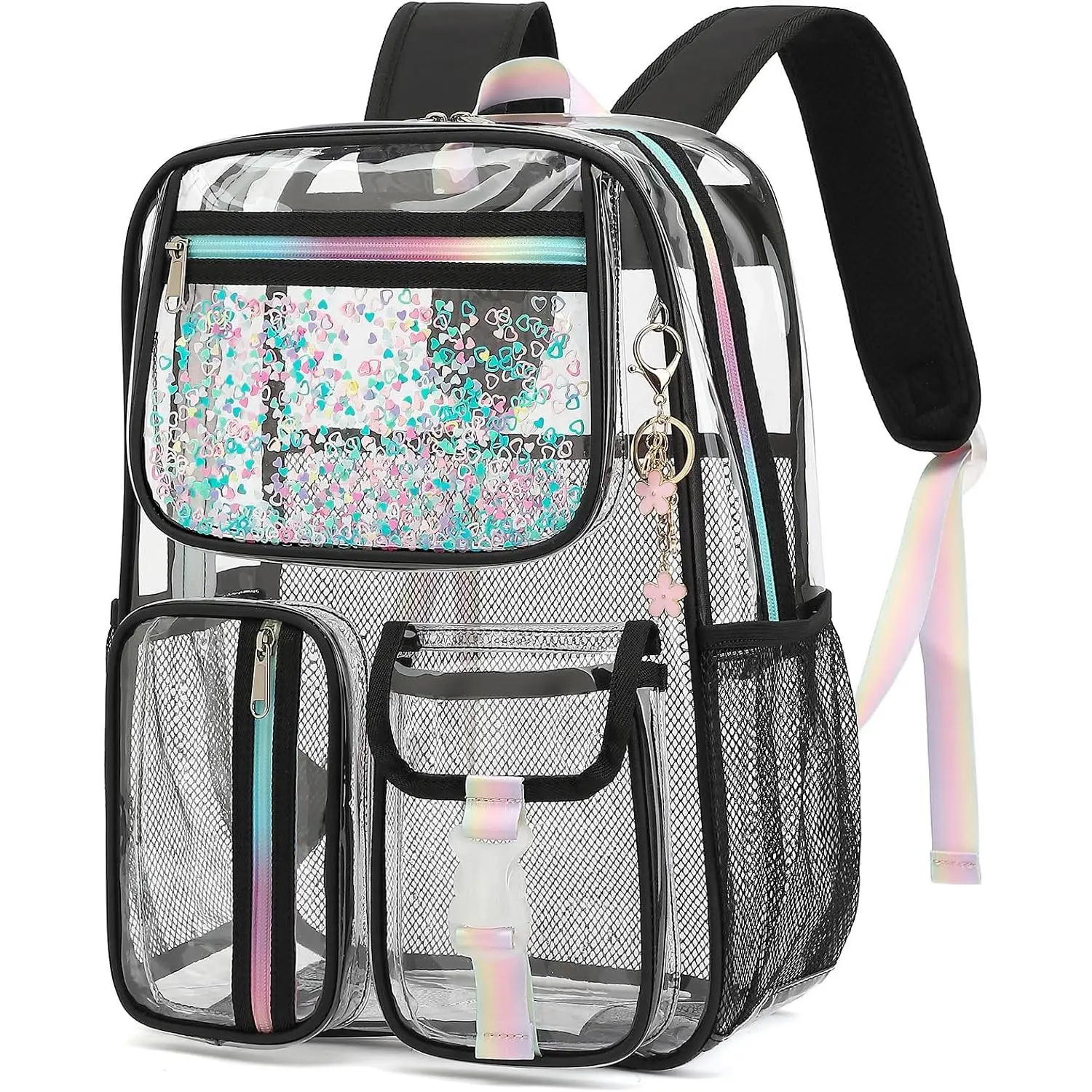 Clear Backpack for Girls Women, PVC Transparent School Backpacks See Through Bookbag for Stadium  Travel (Black)