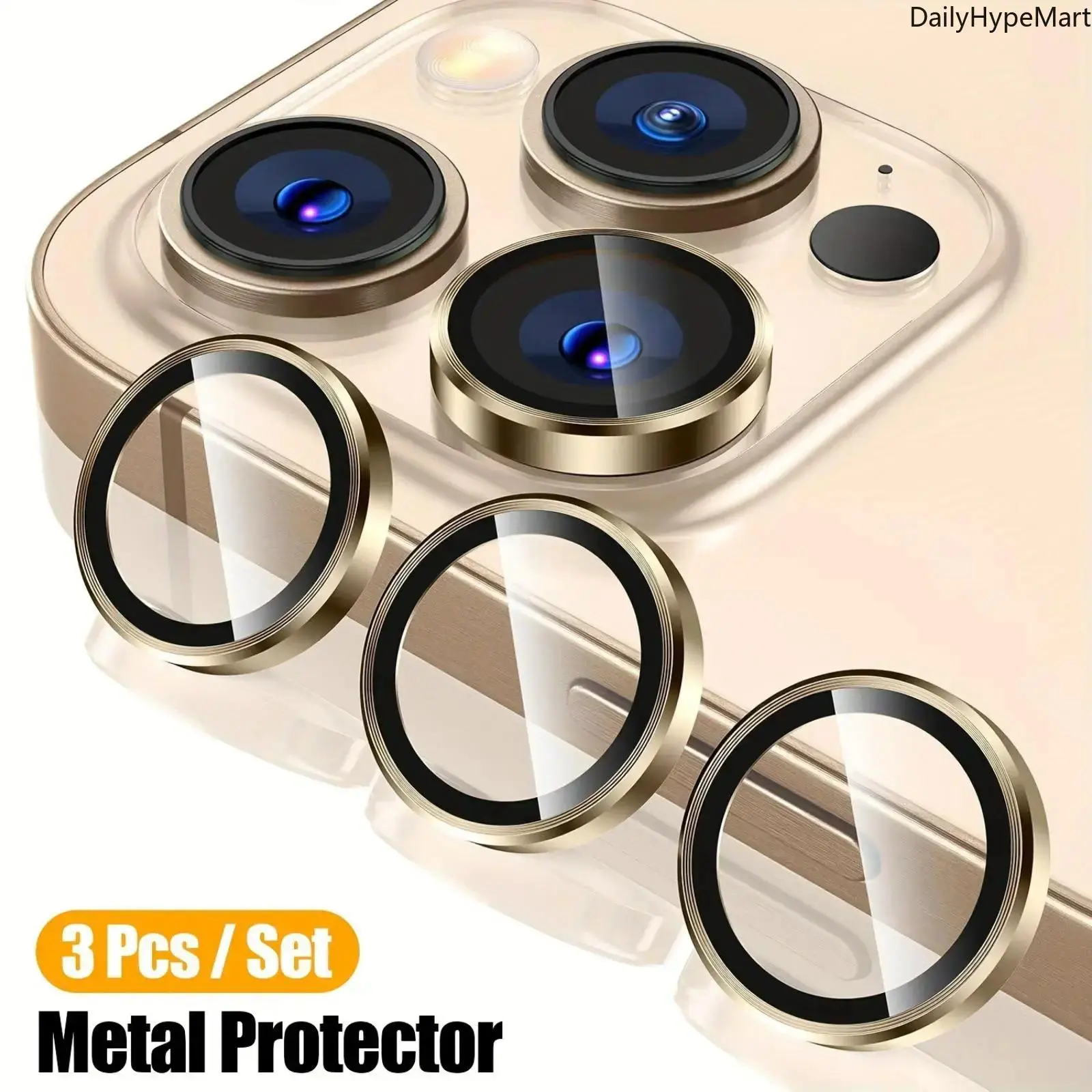 3-Pack Metal Ring Camera Lens Cover, 9H Scratch-Resistance Tempered Glass Protector with Easy Installation for iPhone Series, Accessories, Protection, Iphone 15 Pro Max, 3-Pieces, Lens Protector, Fits Iphone