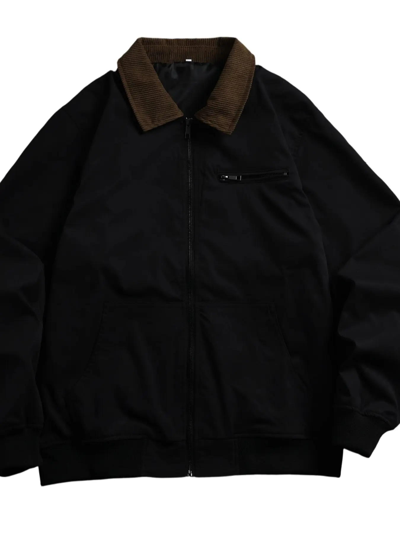 Colorblock Ribbed Collar Full Zip Work Jacket Fit, Ribbed Patched Neck, Chest Pocket Zip Storage, Symmetrical Hem Pockets, Daily Commute/streetwear