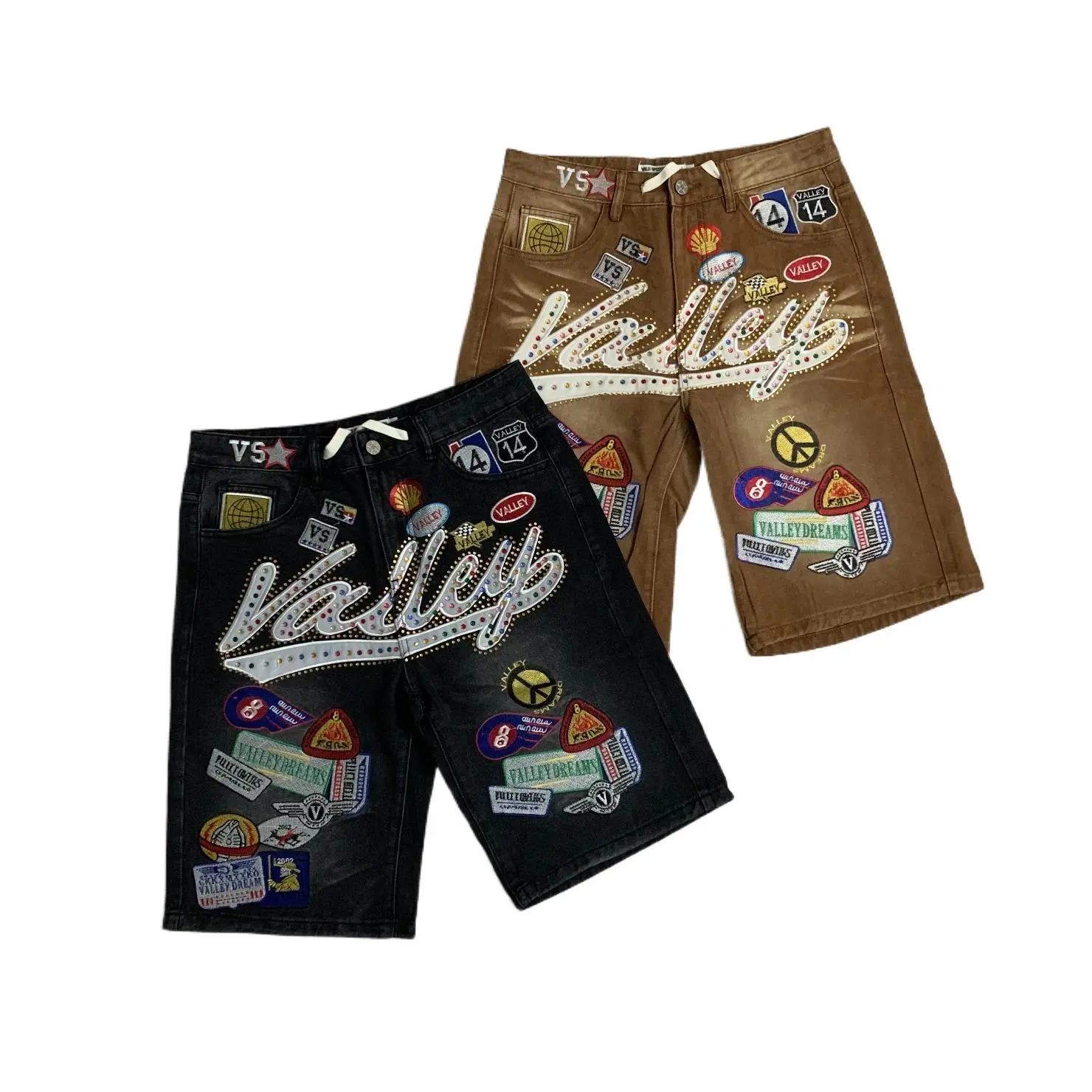 VALE Men's Full Rhinestone Shining Black Baggy Denim Shorts, Letter Embroidery, Brilliant Diamonds, Loose Knee-Length, Y2K Hip Hop Cartoon Graphics, Fitness Casual Summer Wear, 2026 Coachella Festival Streetwear thermal