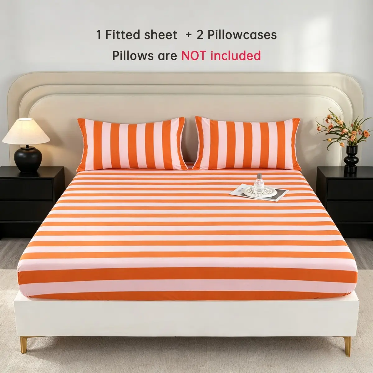 Color Block Striped Fitted Sheet Set, Modern Wide Stripe Deep Pocket Bed Sheet with 2 Pillowcases, 5 Colors Multiple Sizes Aesthetic Bedding Set for Bedroom, Striped Sheets