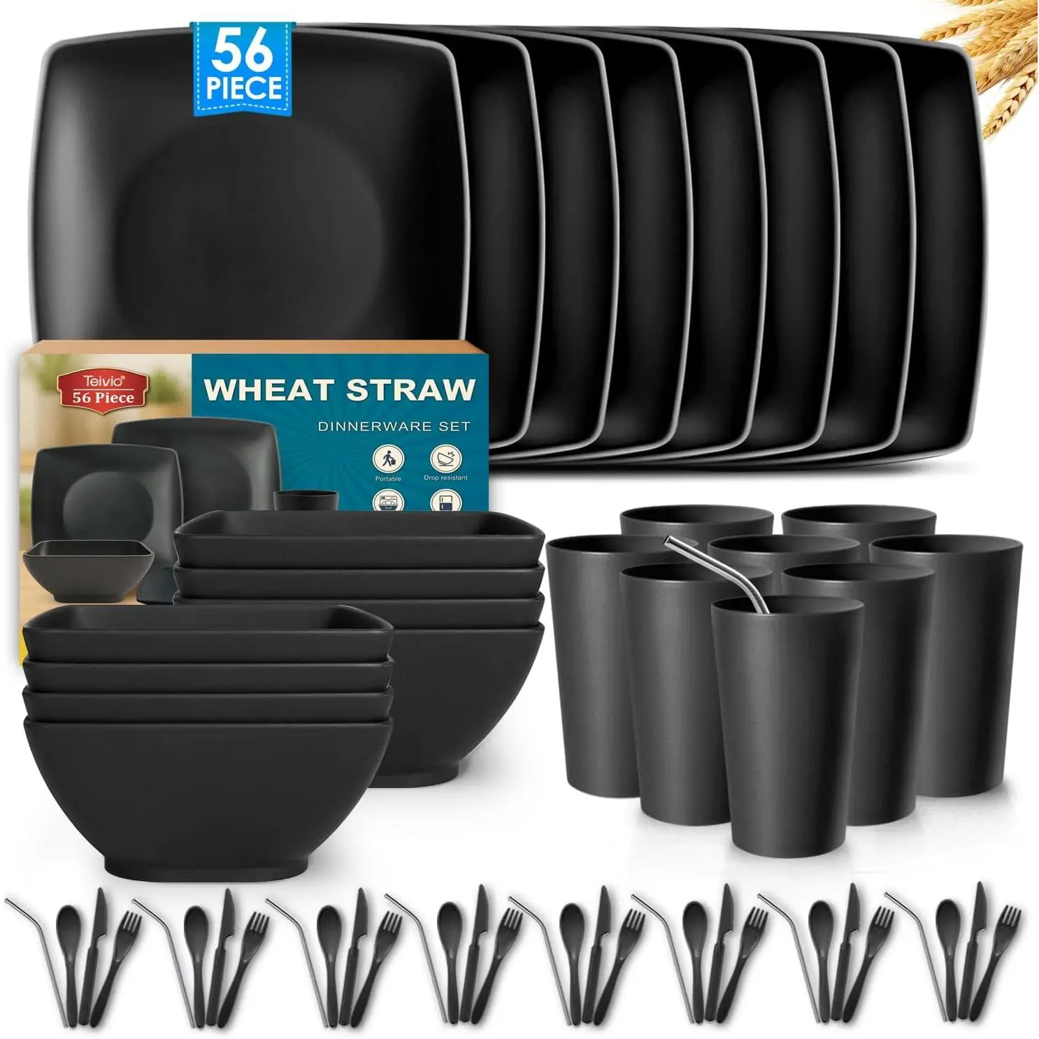56-piece With Flatware Kitchen Plastic Wheat Straw Square Dinnerware Set for 8, Unbreakable Dinner Plates, Snack Bowls, Tumblers 13.5 oz, Dishwasher Safe, Black