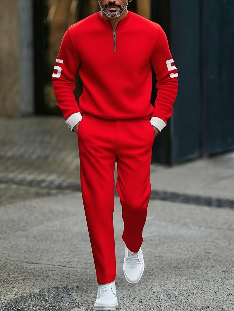 Business casual fashion men's digital printed sportswear set, featuring a street-style patterned digital half-zip sweater + pants, a two-piece men's outfit