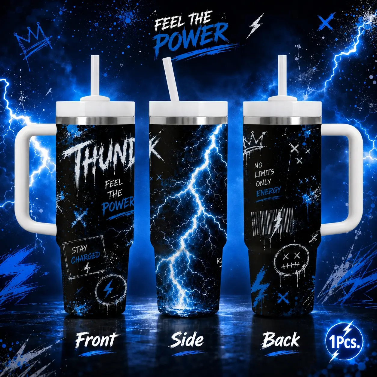 Blue Lightning Thunder Storm Graffiti Vacuum Flasks 40oz Stainless Steel Vacuum Insulated Tumbler with Handle & Straw | Long-Lasting Cold & Heat Retention, Leak-Resistant | For Iced Coffee, Water, Office, Gym & Travel