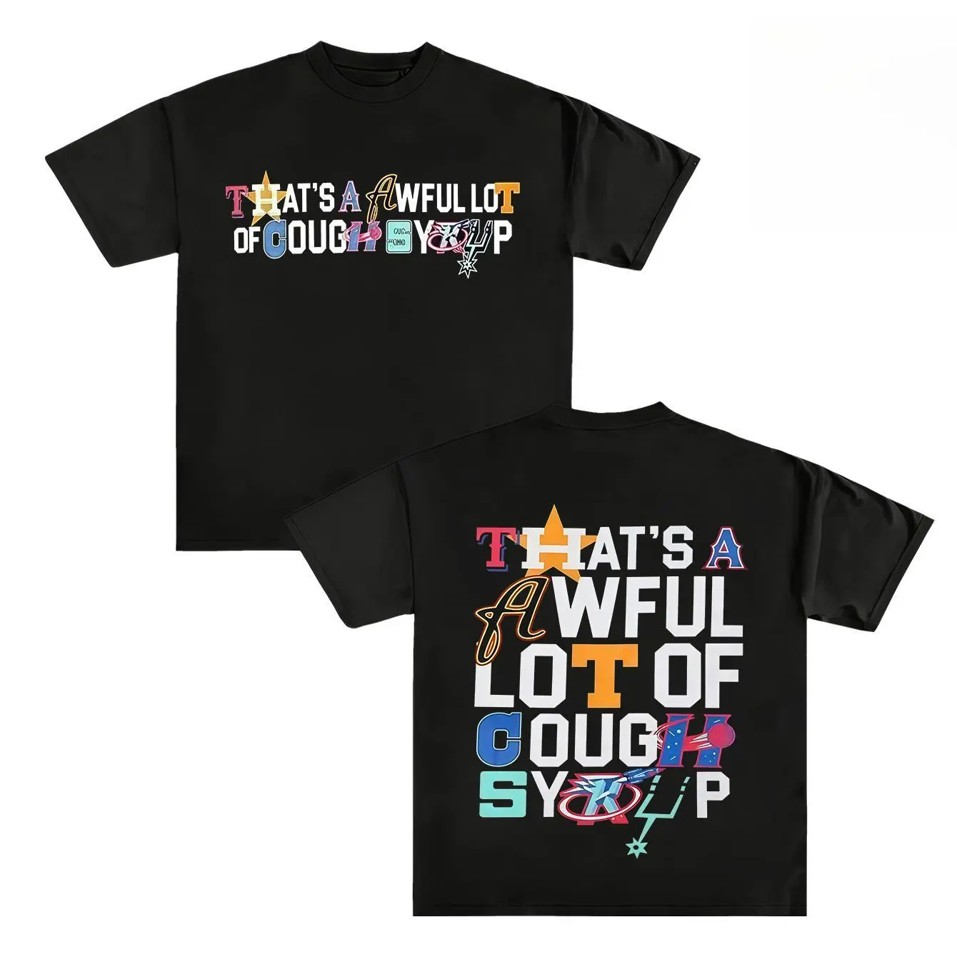 Bold Letter Mosaic Graphic Tee – Oversized Black T-Shirt with 'That’s a Awful Lot of Cough Syrup’ Patchwork Typography and Playful Icon Motifs, Unisex Streetwear Statement Tee for Fashion boyfriend  tees