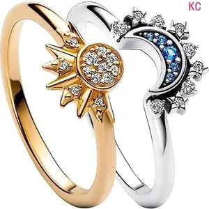 2Pcs European American Minimalist Sun Moon Ring Set With Blue Inlaid Diamonds, Shiny Stackable Celestial Hand Jewelry For Couples Daily Matching