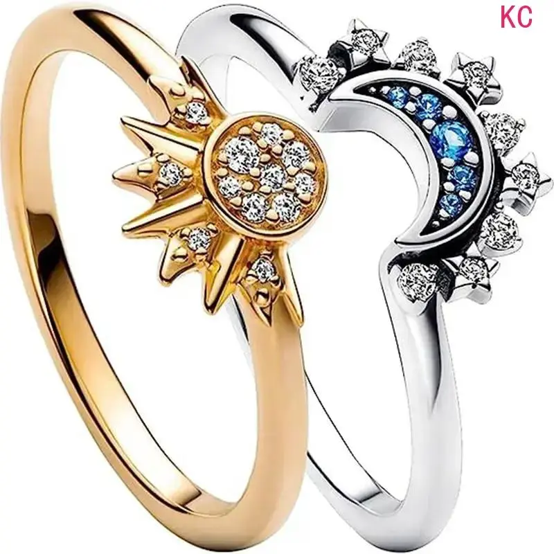 2Pcs European American Minimalist Sun Moon Ring Set With Blue Inlaid Diamonds, Shiny Stackable Celestial Hand Jewelry For Couples Daily Matching