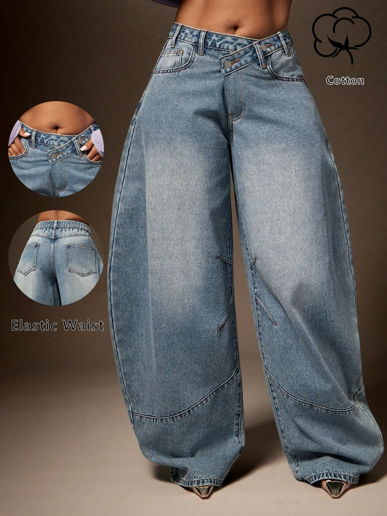 New Women's Asymmetrical Waist Button Lantern Jeans, Loose Fit Wide Leg Balloon Pants, Casual Stretch Denim Long Trousers for Daily Wear