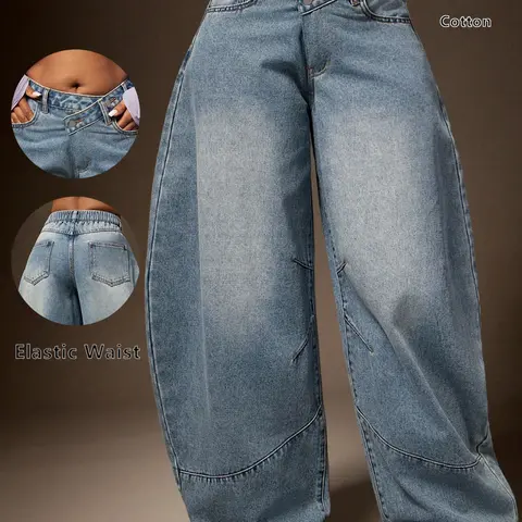 New Women's Asymmetrical Waist Button Lantern Jeans, Loose Fit Wide Leg Balloon Pants, Casual Stretch Denim Long Trousers for Daily Wear