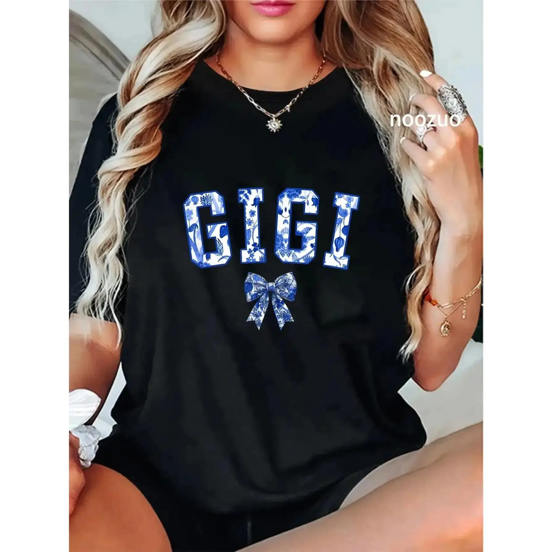 Women's Short-Sleeve Round Neck Graphic Print Everyday Basics Top - Gigi Coquette Toile Blue Bow Floral T-Shirt, Streetwear Tops (Family-Matching Option for Men), Shortsleeve, Casual, Clothes, All Seasons