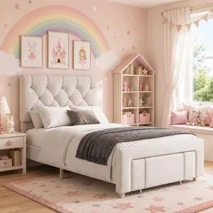 Bed Frame, Upholstered Platform Bed Frame with Storage Drawers, Mattress Foundation with Solid Wooden Slats Support, No Box Spring Needed, Beige