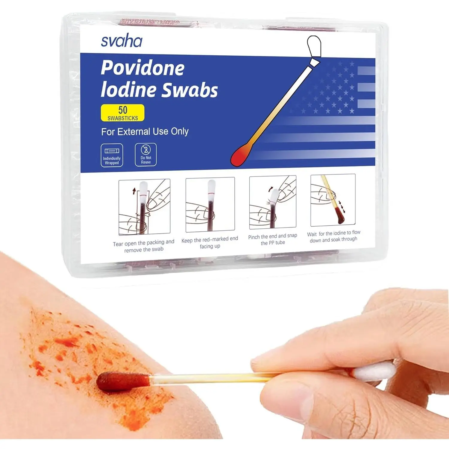 Povidone Iodine Swabs, 50 Count, Individually Wrapped, PP Case | FSA/HSA eligible. Snap tip releases iodine to cotton tip for skin prep; 50 wrapped swabs with PP storage case.