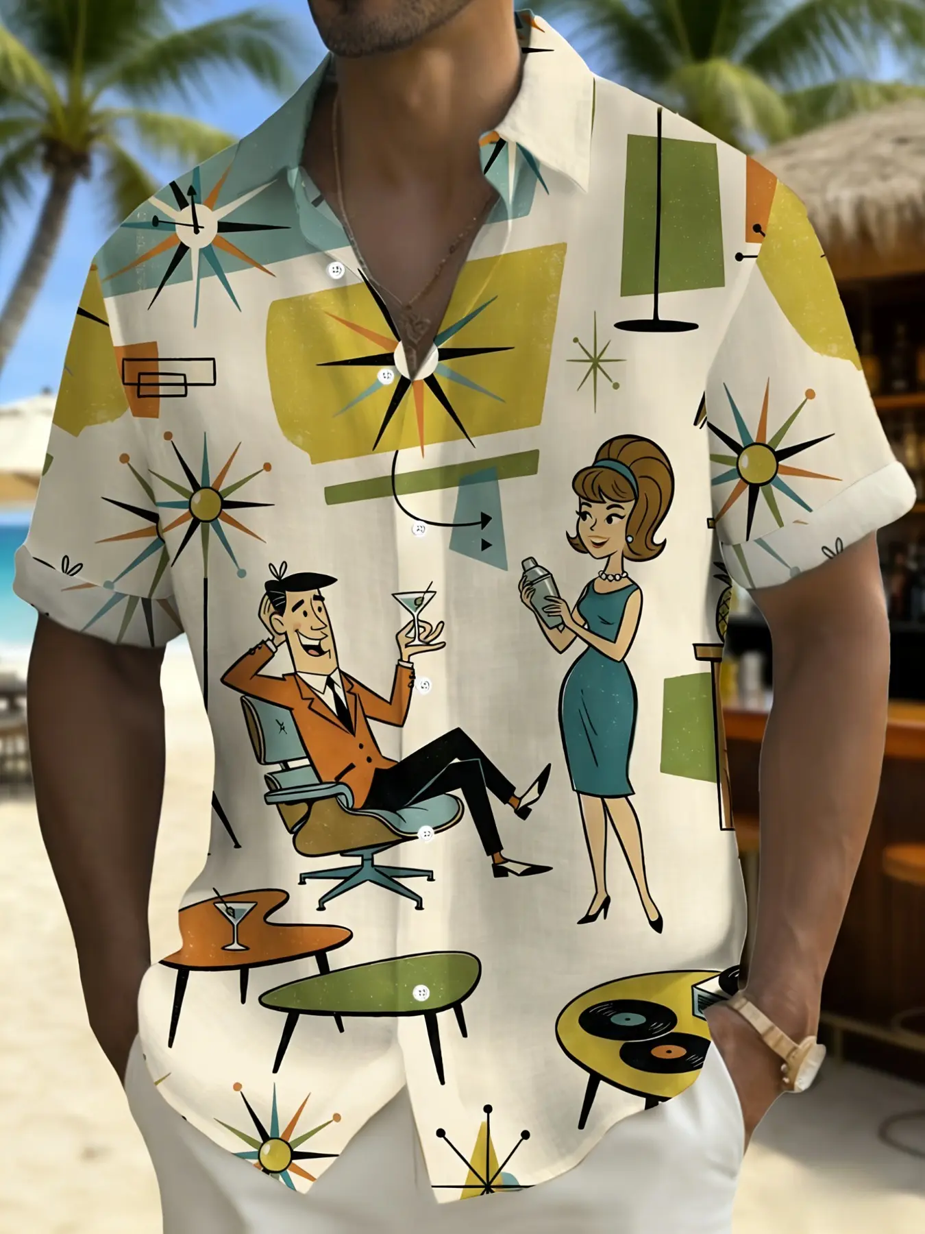 Retro medieval geometric print men's button-down short-sleeved Casual Hawaiian shirt