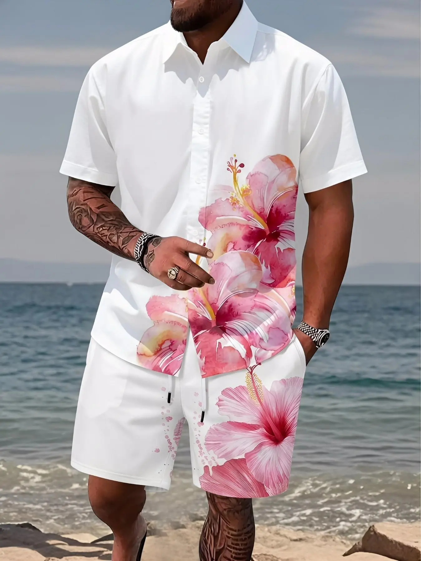 Men Tropical Vacation Two Piece Co Ord Set, Casual Matching Sets, Pure White Watercolor Pink Hibiscus Floral Print Short Sleeve Button Down Hawaiian Shirt Quick Dry Fabric Adjustable Drawstring Straight 5 Inch Beach Shorts For Seaside