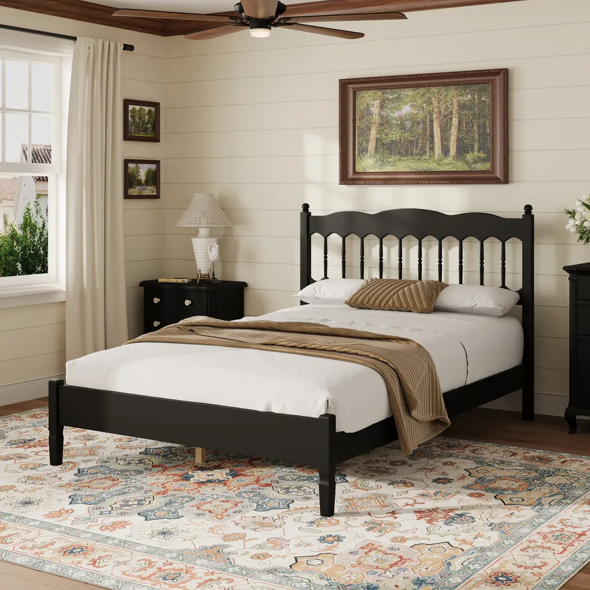 [Bellemave]Countryside Style Full Size Wooden Bed Frame with Spindle Headboard, Heavy-Duty Platform Bed with Slats Support, No Box Spring Required, Easy Assembly, Black