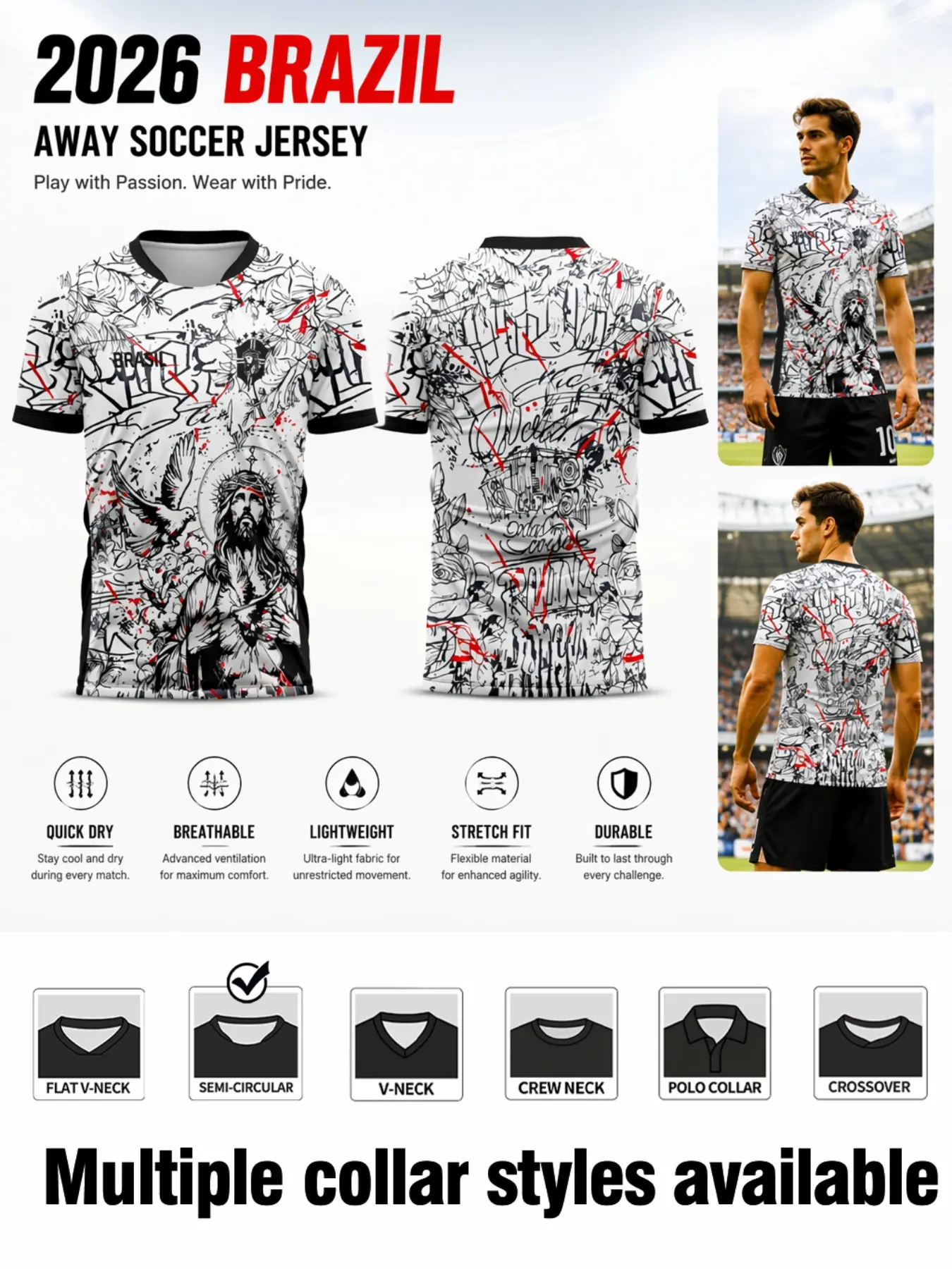 Men's Brazilian Short Sleeve Sport Jersey, All over Print Graffiti Art, Religious Figures, Pigeon Pattern, Casual Wear for Football Fans