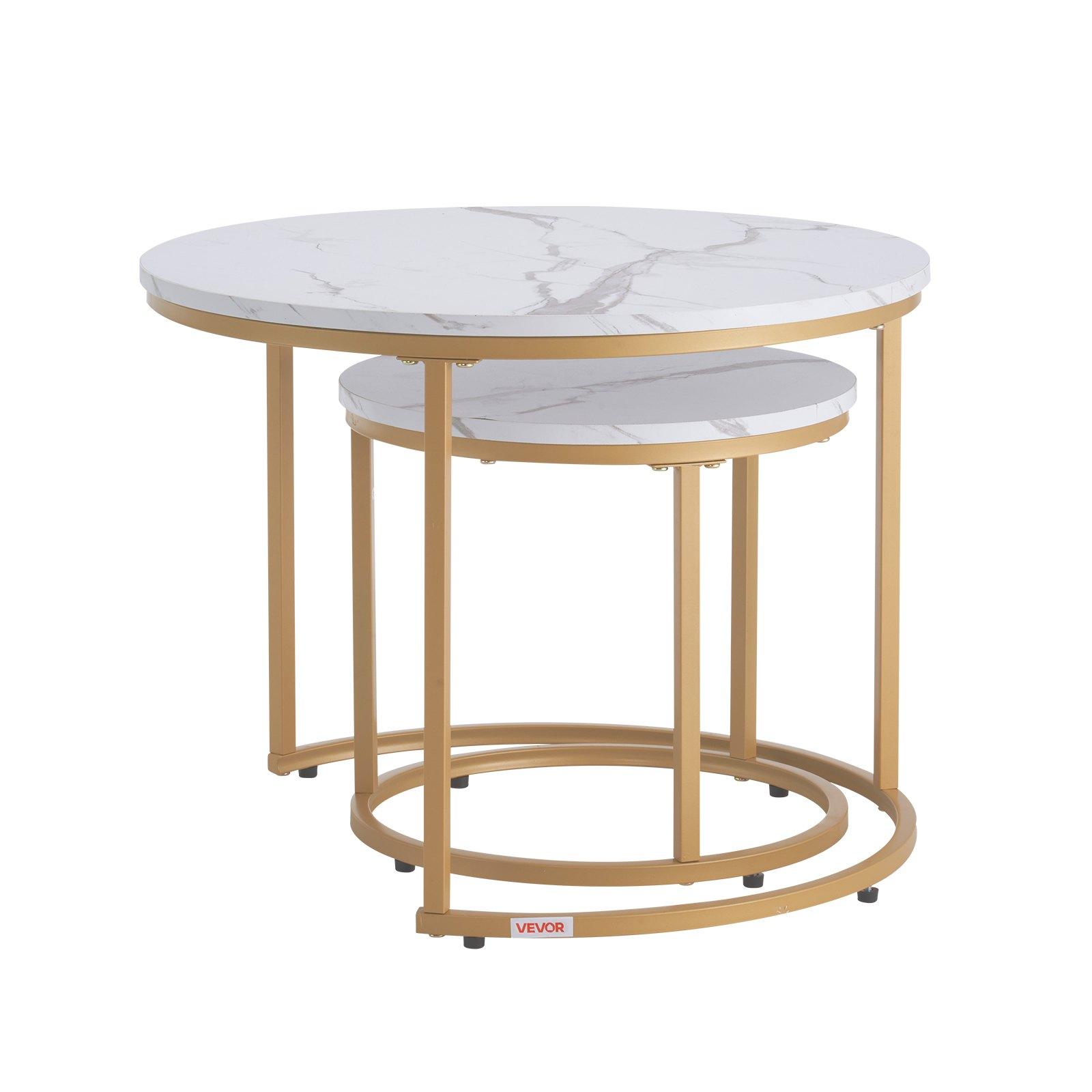 VEVOR Nesting Coffee Table Set of 2, 23.6 in Round Coffee Table, Nesting Tables for Small Place, Vintage End Side Tables Night Stand with Metal Frame, for Living Room, Bedroom, Office (White & Gold)