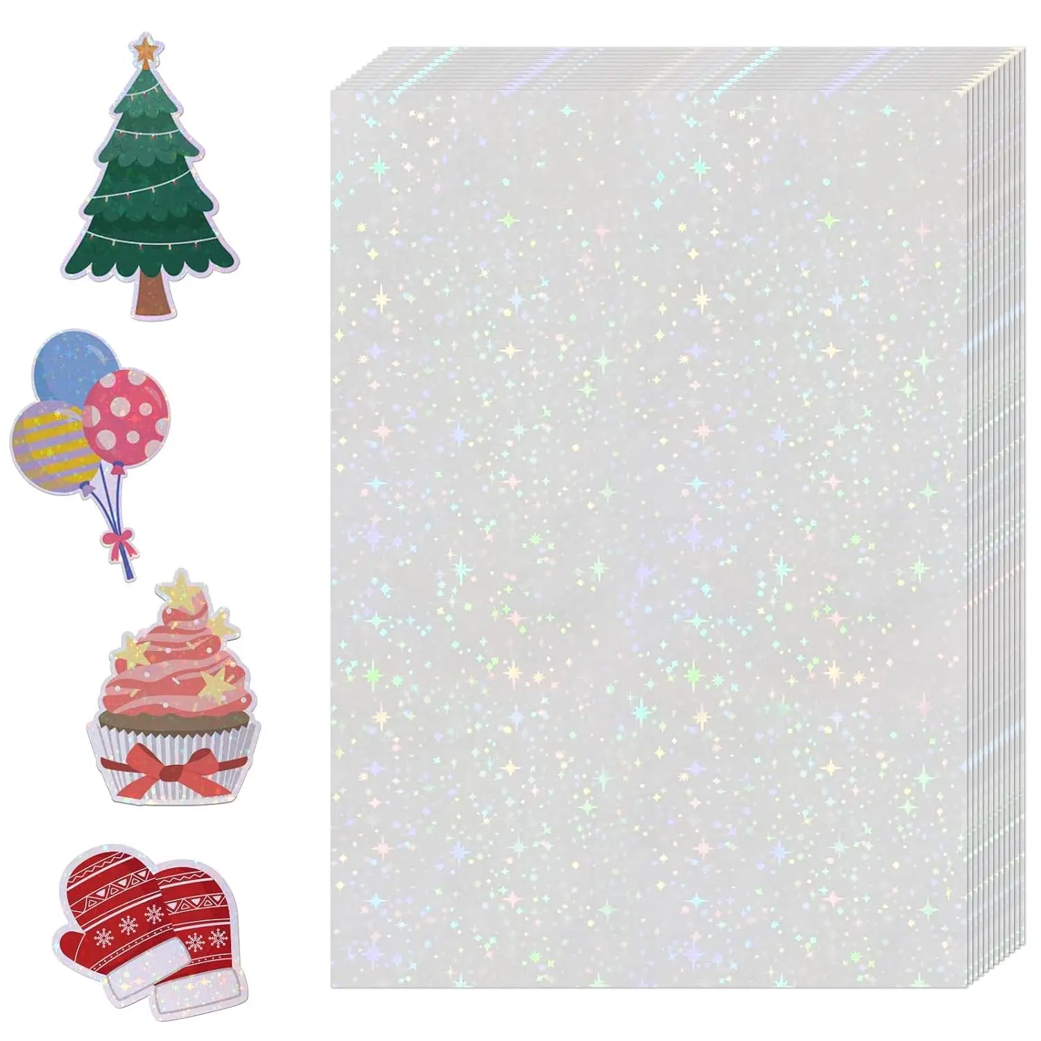 36 Sheets A4 Size Clear Holographic Sticker Paper, Self-Adhesive Rainbow Holographic Laminate Overlay Vinyl Sheets, 11.7 x 8.3 Inches Star