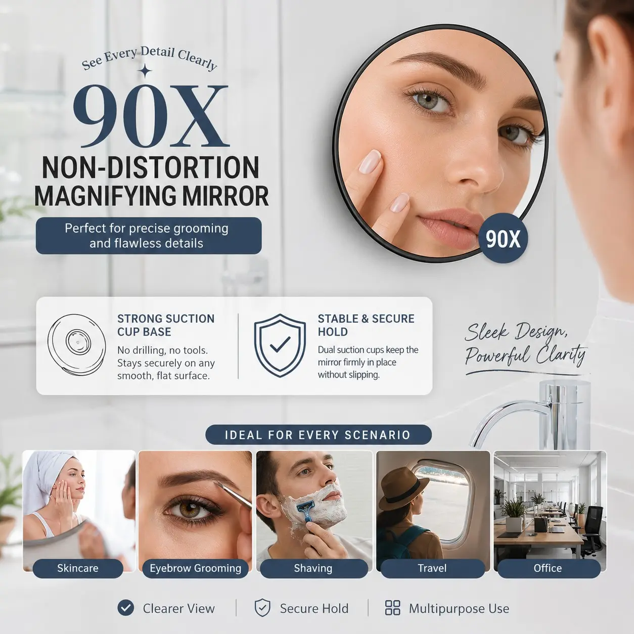 90x Magnification Makeup Mirror, 3.5 Inch Round Mirror, Dual Suction Cups & Tweezers, Clear Vision, Blackhead Removal, Portable, Halloween Gift