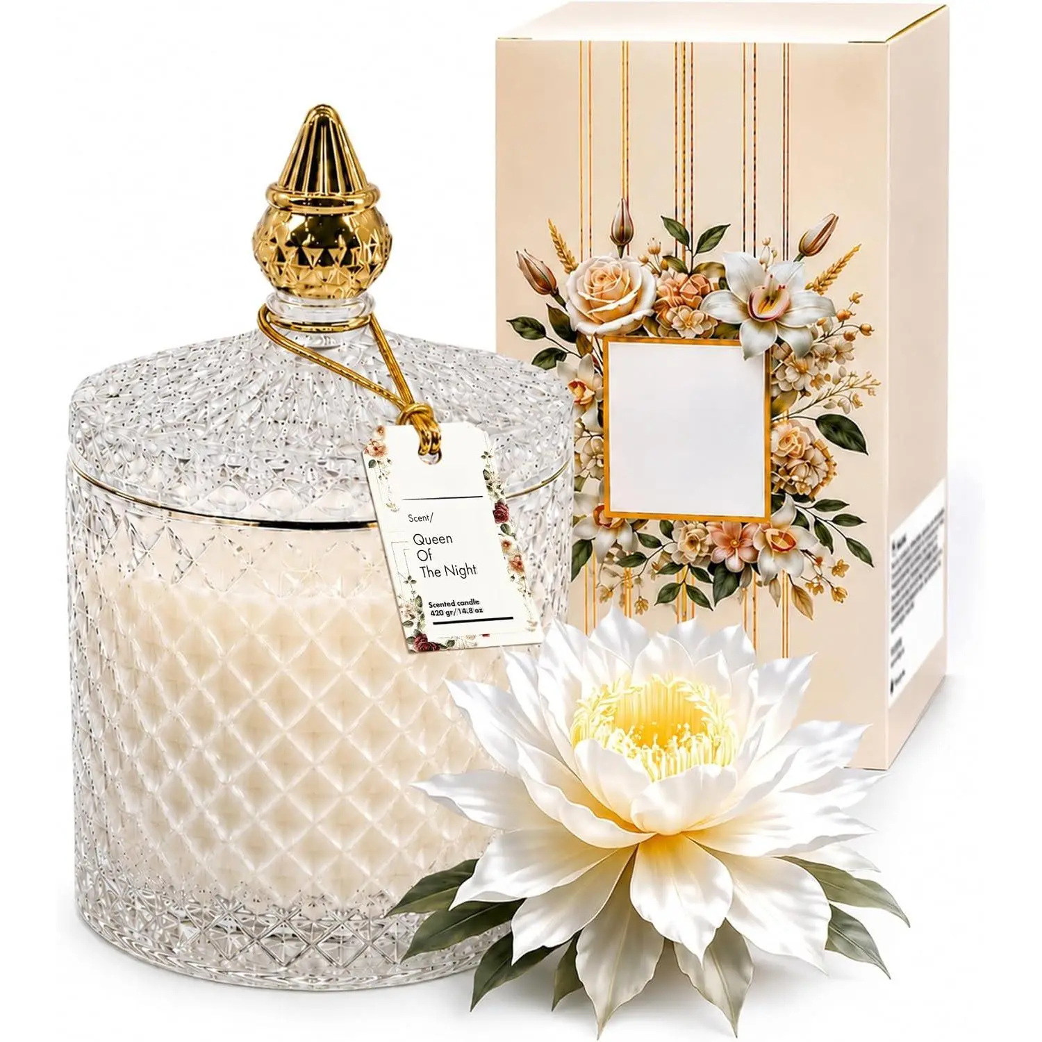 of The Night Rare Flower  Luxury Scented Candle  | Decorative Soy Candles Birthday Gifts for Women, Elegant Glass Jar, 14.8oz, 80Hr Long Lasting , Luxury Candles for Women