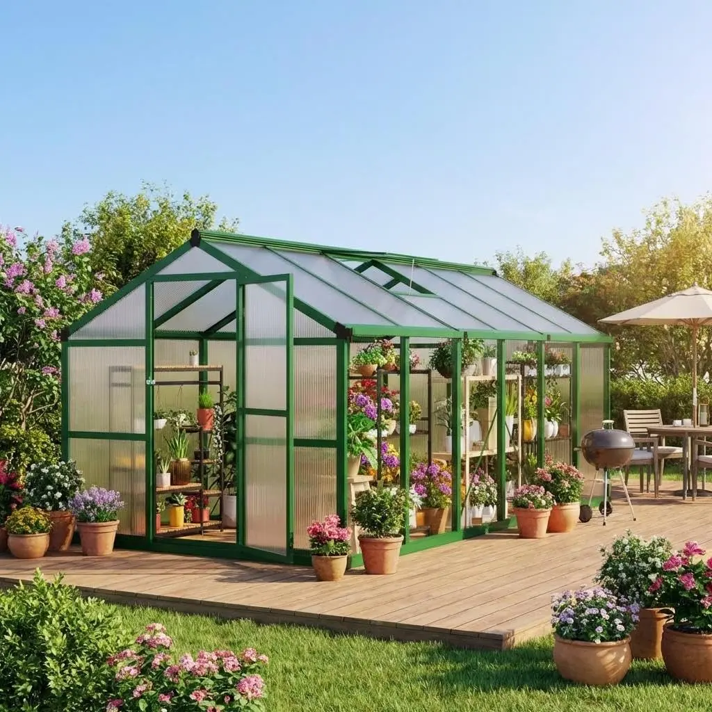 YJ-Garvee 8x12 FT Greenhouse, Polycarbonate Walk-in Greenhouse for Outdoors with Roof Vent & Lockable Outward-Opening Swing Door, Sturdy,Elegant,Stylish,Heavy-Duty Aluminum Green House for Garden, Backyard, Patio, Lawn, Deep Green